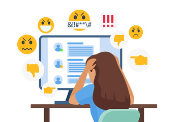 Cyber bullying people vector illustration. Cartoon flat sad young bullied girl character sitting in front of computer with online dislike in social media, cyber bully mockery problem isolated on white - obrazy, fototapety, plakaty