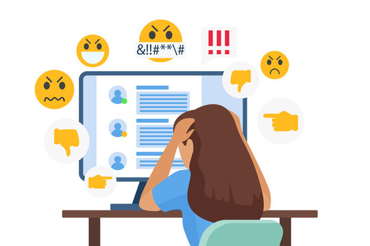 Cyber bullying people vector illustration. Cartoon flat sad young bullied girl character sitting in front of computer with online dislike in social media, cyber bully mockery problem isolated on white