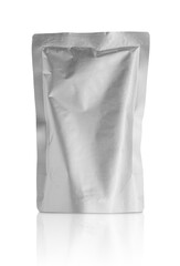 Blank aluminium foil plastic pouch bag sachet packaging mockup isolated on white background with...