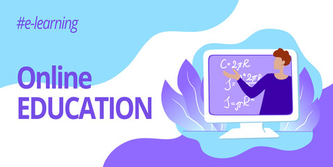 Banner for web page template. Online education. Teacher on the computer screen is giving a lecture to students remotely. Concept of e-learning and home schooling. Stock vector flat illustration.