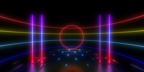 3D abstract background with neon lights. 3d illustration