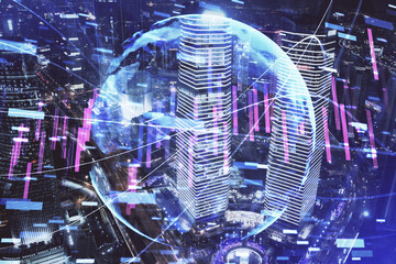 Financial chart on city scape with tall buildings background multi exposure. Analysis concept.