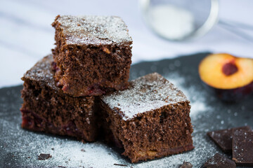Delicious chocolate cake with plums.