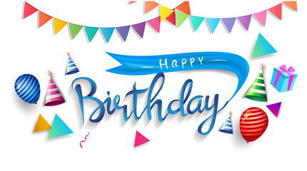 Happy Birthday typography vector design for greeting cards and poster with balloon, confetti and gift box, design template for birthday celebration.
