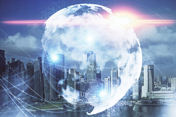 Double exposure of business theme hologram drawing and city veiw background. Concept of success.