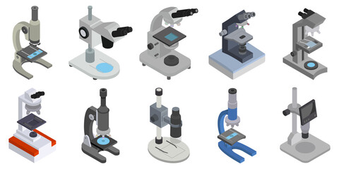 Microscope isolated isometric set icon. Vector illustration laboratory equipment on white background. Vector isometric set icon microscope.