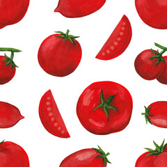Seamless square pattern with red realistic tomatoes (whole and slices) hand-drawn and isolated on a white background. Raster seamless print with hand drawn gouache paints tomatoes of different shapes
