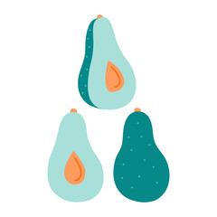 Set of fresh avocado, organic food. Vector illustration flat in cartoon style on isolated white background. 