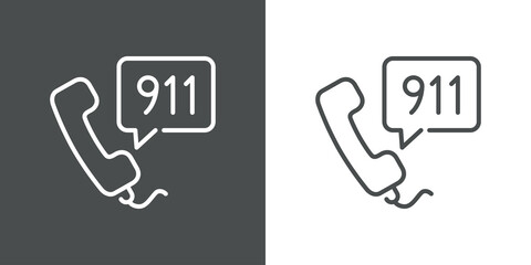 Concepto llamada de emergencia. Icono plano lineal auricular de teléfono con número 911 en burbuja de habla en fondo gris y fondo blanco © teracreonte