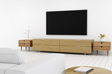 3D rendering of modern living room with TV screen.