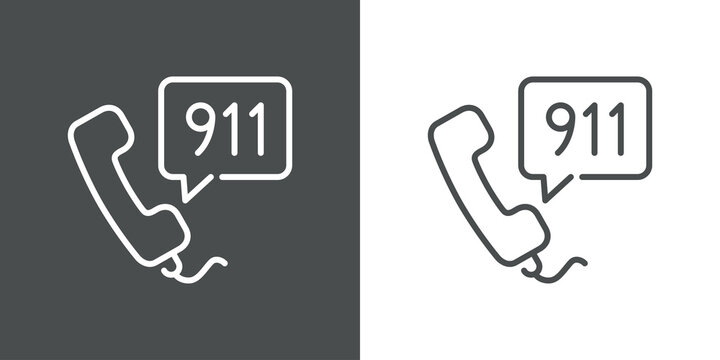 Concepto llamada de emergencia. Icono plano lineal auricular de tel&eacute;fono con n&uacute;mero 911 en burbuja de habla en fondo gris y fondo blanco