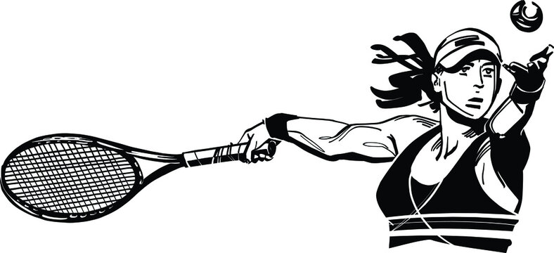 black and white cartoon illustration of a tennis player