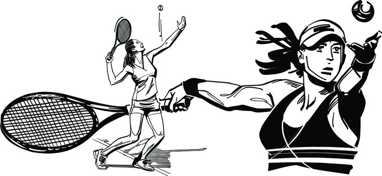 black and white cartoon illustration of a tennis player