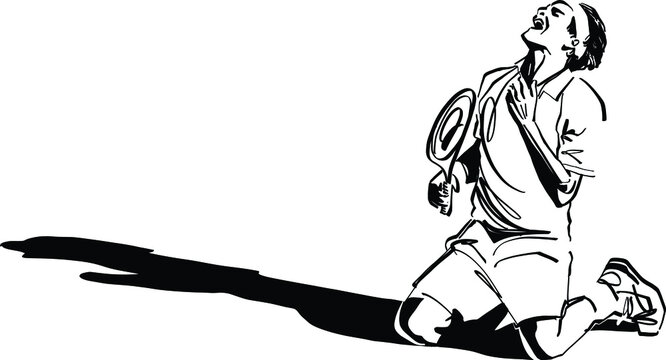 black and white cartoon illustration of a tennis player