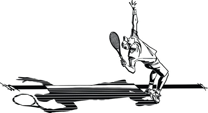 black and white cartoon illustration of a tennis player