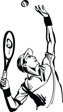 black and white cartoon illustration of a tennis player