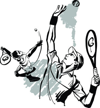 black and white cartoon illustration of a tennis player