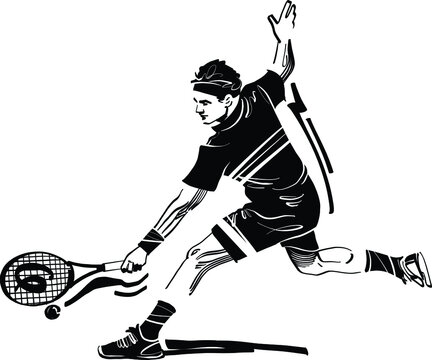 black and white cartoon illustration of a tennis player