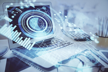 Double exposure of business theme icons and work space with computer background. Concept of success.