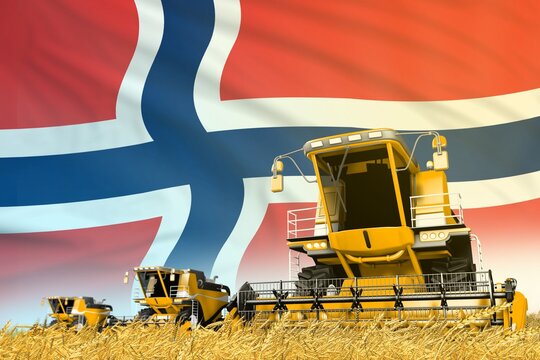 industrial 3D illustration of yellow wheat agricultural combine harvester on field with Norway flag background, food industry concept