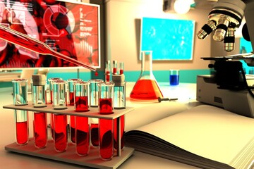 laboratory proofs in bio study facility - blood analysis for virus eg coronavirus, medical 3D illustration