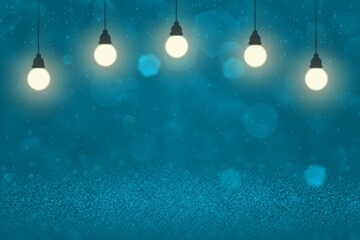 Fototapeta na wymiar light blue nice glossy glitter lights defocused bokeh abstract background with light bulbs and falling snow flakes fly, festal mockup texture with blank space for your content