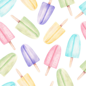 Watercolor hand painted popsicles digital paper. Summer colorful seamless pattern illustration.