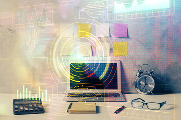 Multi exposure of table with computer on background and data theme drawing. Concept of innovation.