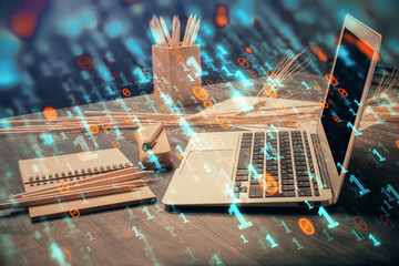 Multi exposure of table with computer on background and data theme drawing. Concept of innovation.