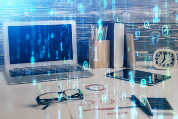 Multi exposure of desktop with computer on background and tech theme drawing. Concept of big data.