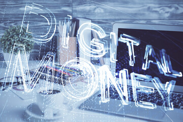 Double exposure of blockchain and crypto economy theme hologram and table with computer background....