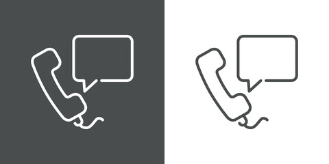 Concepto comunicación telefónica. Icono plano lineal auricular de teléfono con burbuja de habla en fondo gris y fondo blanco