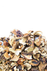 Background of dried mushrooms on a white surface. Porcini mushrooms, aspen, boletus. Copy space