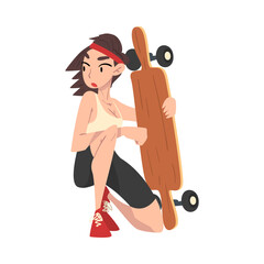 Girl Skateboarder with Skateboard, Extreme Hobby or Sport Cartoon Style Vector Illustration © topvectors