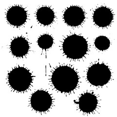 Black ink paint spots. Drops isolated on white background. Set for grunge splash textures. Vector illustration.