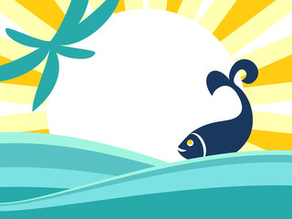 Flat banner design with abstract waves of the sea, sun, palm tree, fish.