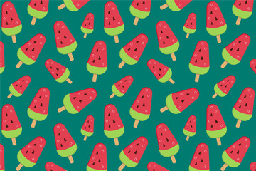 Sweet watermelon ice cream. Ice cream pattern on green