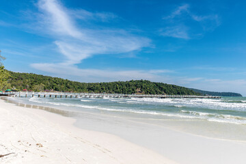 old wooden pier, Saracen bay beach, Koh Rong Samloem island, Sihanoukville, Cambodia.