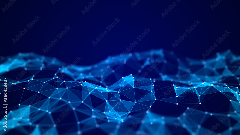 Poster abstract composition with connecting dots, triangles and lines. blue background. network connection.