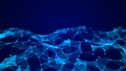 Abstract composition with connecting dots, triangles and lines. Blue background. Network connection. Chaotic movement. Science background.