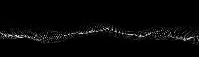 Wave of particles. Abstract wave dots in dark background. Big data. Technology Abstract music background. Futuristic point wave. Vector illustration. Dynamic particles sound wave flowing over dark.