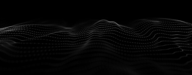 Wave of particles. Abstract wave dots in dark background. Big data. Technology background. Abstract music background. Futuristic point wave. 3d rendering. Dynamic particles sound wave.