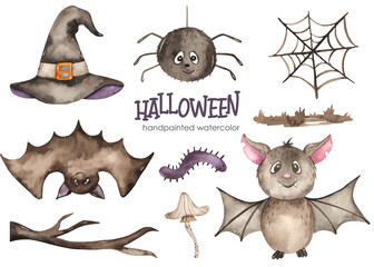 Halloween watercolor set with bat, spider, cobweb, witch hat