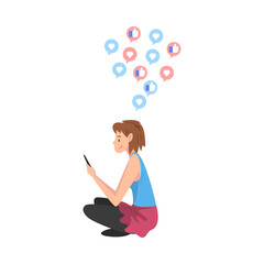 Girl Sitting on the Floor with Smartphone, Teenager Using Gadget to Communicating, Surfing the Internet Vector Illustration