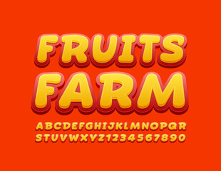 Vector bright logo Fruits Farm. Modern Red and Yellow Font. Creative Alphabet Letters and Numbers