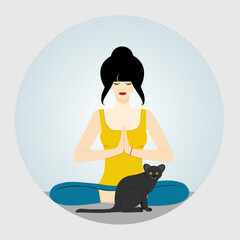 Yoga. Woman sits in a lotus position, cross-legged and meditating. Next to the woman sits a cat. vector illustration.