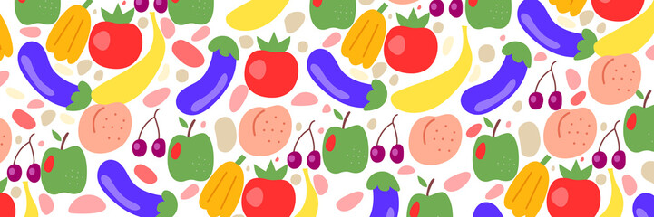 Fruits and vegetables color wide banner with tomato, eggplant, apple