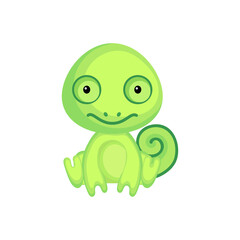 Cute baby chameleon sitting isolated on white background. Adorable animal character for design of album, scrapbook, card, invitation on baby shower, party. Flat cartoon colorful vector illustration.