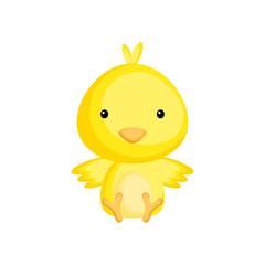 Obraz premium Cute baby chicken sitting isolated on white background. Adorable animal character for design of album, scrapbook, card, invitation on baby shower, party. Flat cartoon colorful vector illustration.