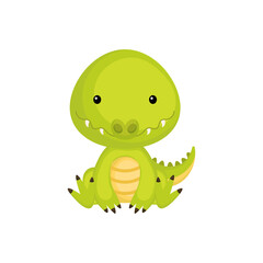 Cute baby crocodile sitting isolated on white background. Adorable animal character for design of album, scrapbook, card, invitation on baby shower, party. Flat cartoon colorful vector illustration.